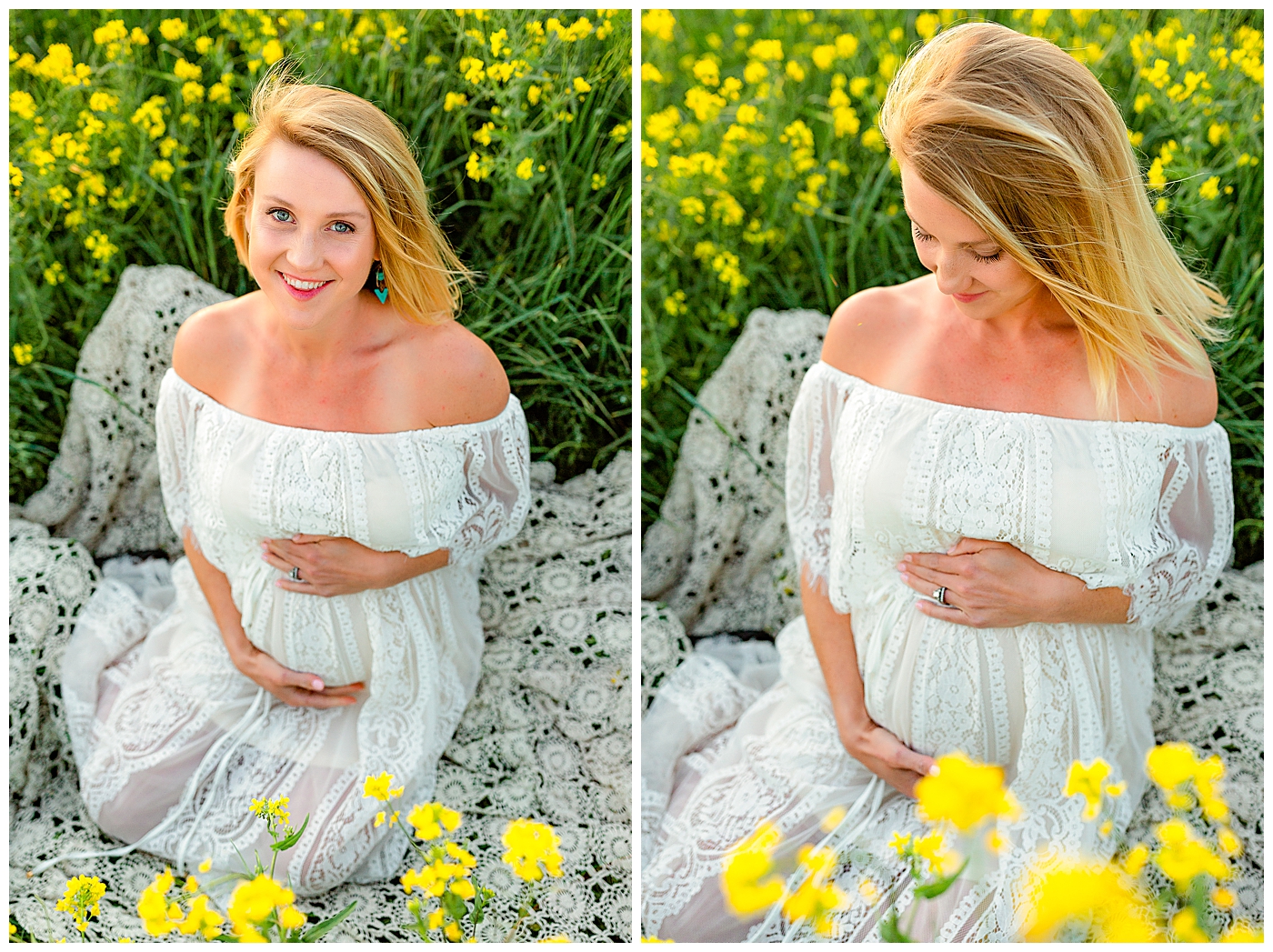 Pregnant Harrisonburg prenatal pilates instructor in a field of yellow flowers