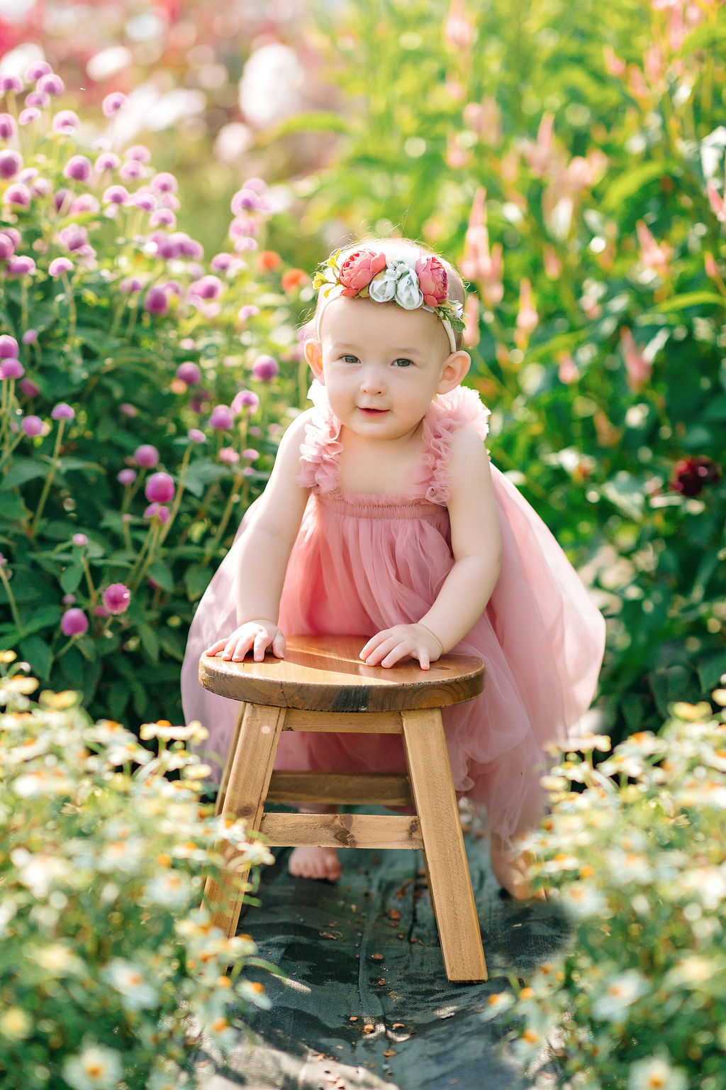 toddler stands with a wooden stool in a garden pufferbellies staunton va