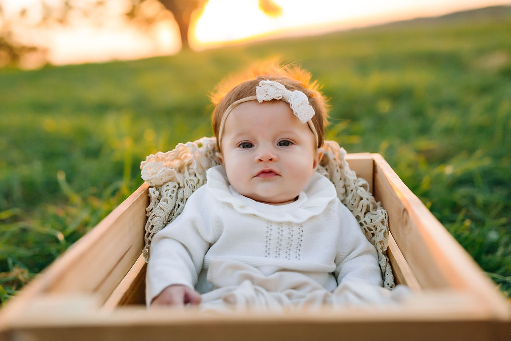 Newborn baby sits in a wooden crate wearing a white bow headband in a grassy hillside charlottesville pediatricians