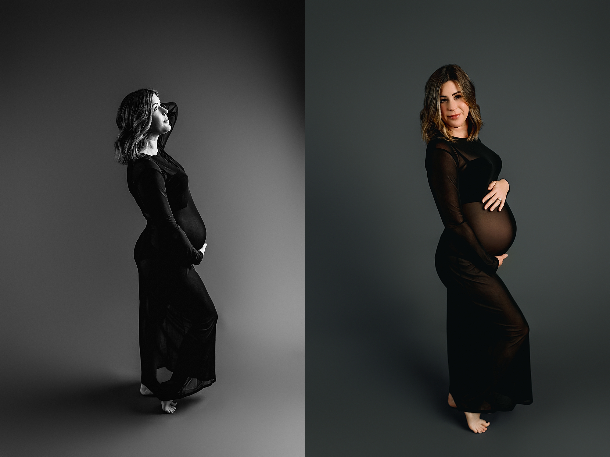 Pregnant woman in black and white studio portraits 