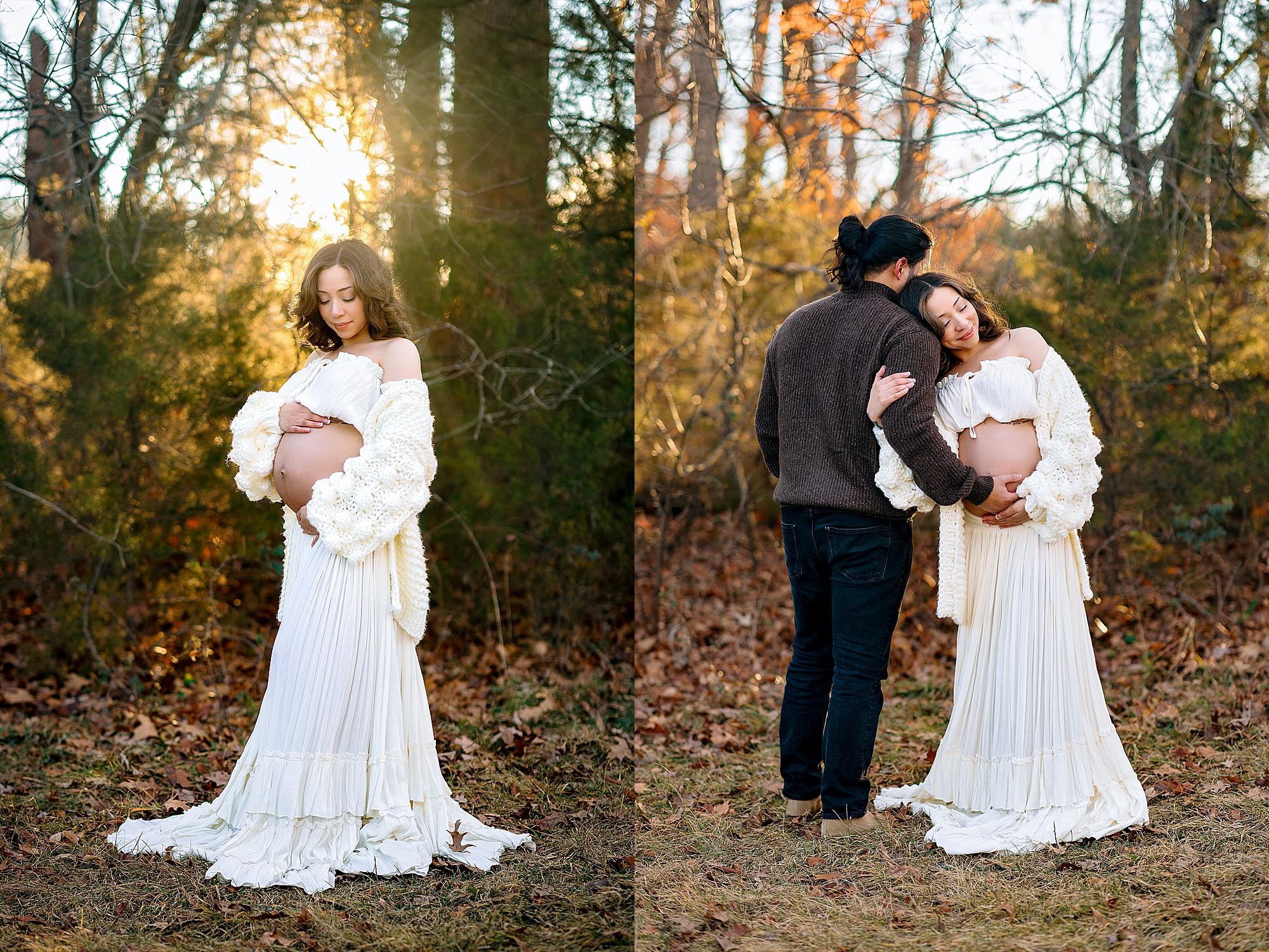 Pregnant woman in white dress with husband posing for maternity pictures by Be Thou My Vision Photographfy
