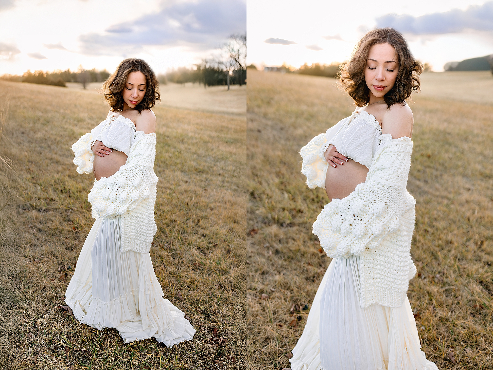 Maternity photos of pregnant mom in white dress at sunset