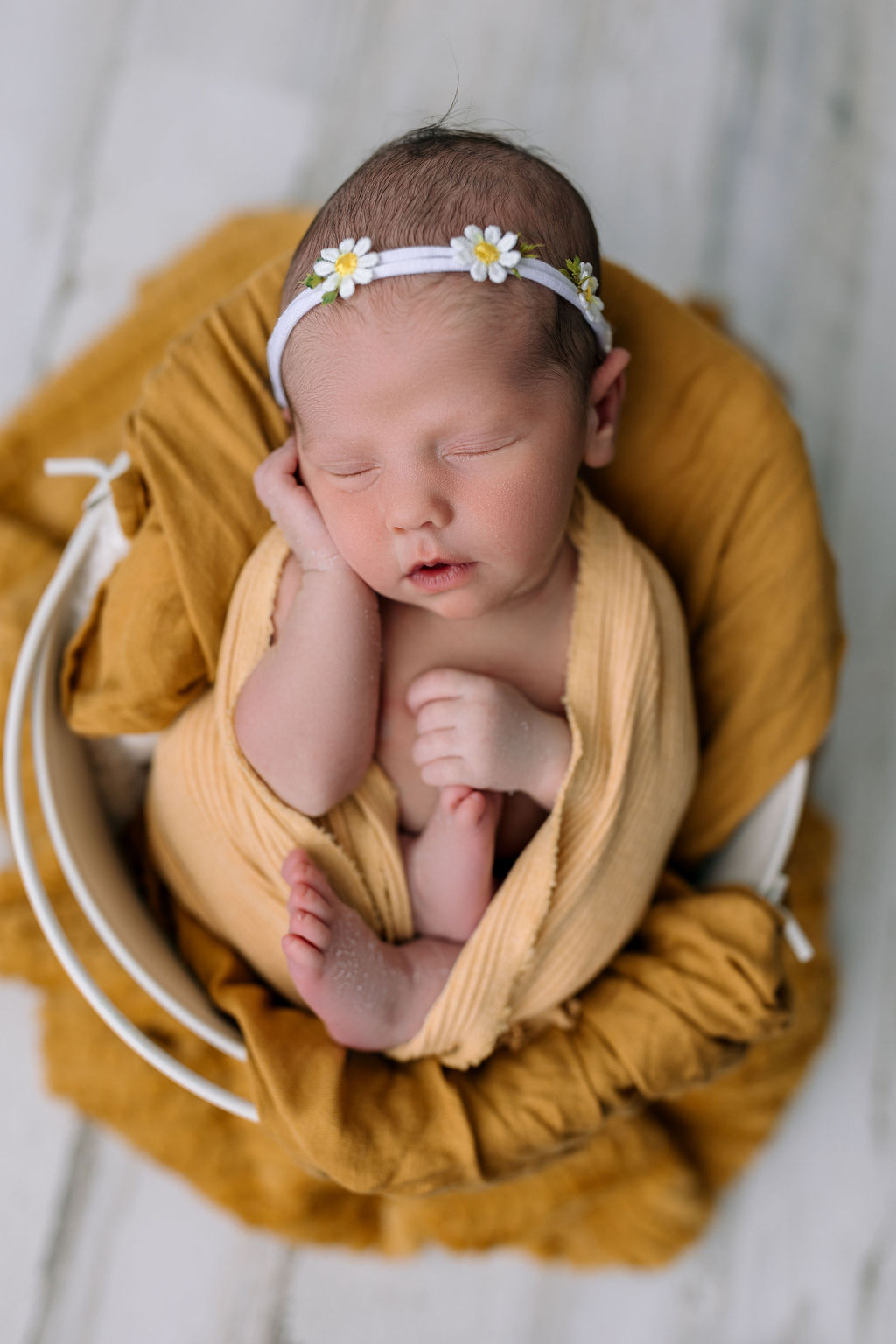 A newborn baby sleeps in a bucket while wearing a daisy headband